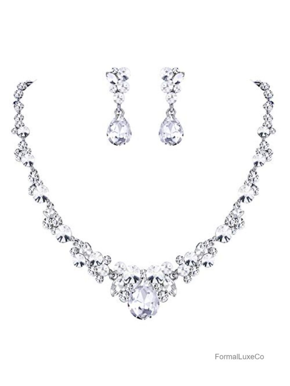 Crystal Rhinestone Floral Teardrop Bridal Prom Jewelry Set Necklace Earrings